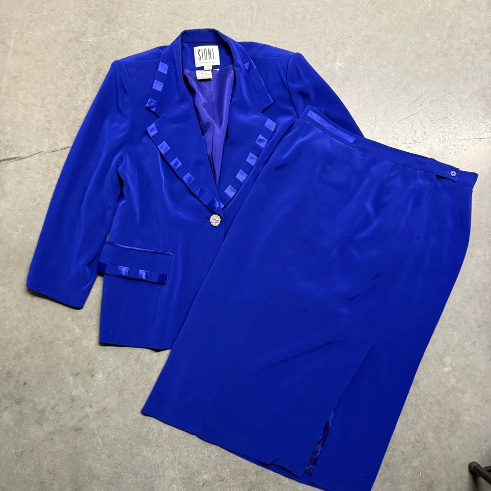 Sioni Vintage Royal Blue Skirt Suit Rhinestone Button Satin Trim Size 14